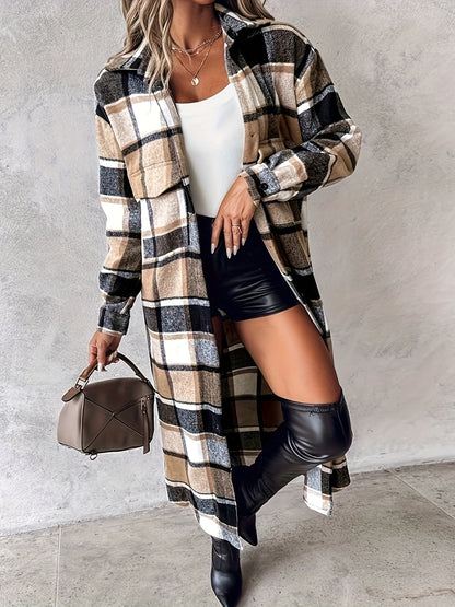 Plaid Button Up Long Sleeve Longline Outerwear