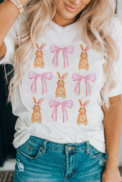 Rabbit & Bow Round Neck Short Sleeve T-Shirt