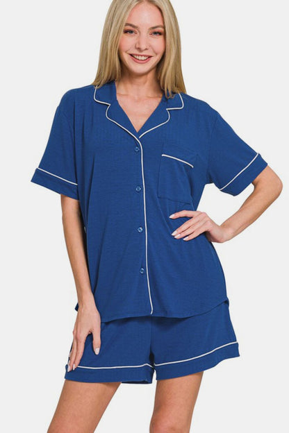 Zenana Button Down Short Sleeve Top and Shorts Lounge Set