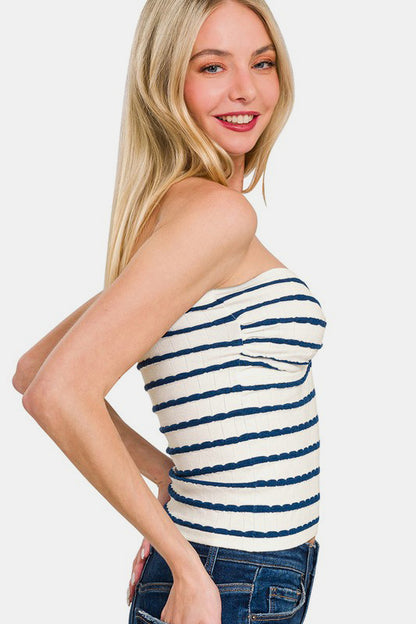 Zenana Twisted Sweetheart Neck Striped Tube Top