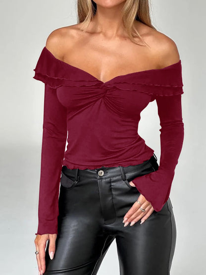 Devine Twisted Ruffled Off-Shoulder Long Sleeve T-Shirt