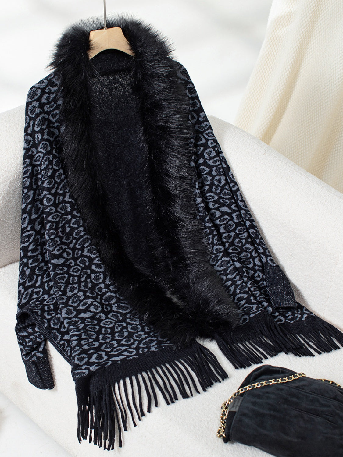 Fringe Leopard Open Front Long Sleeve Poncho