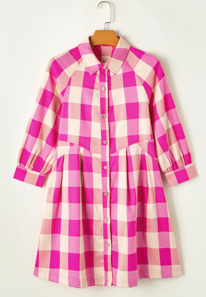 Ruched Plaid Three-Quarter Sleeve Shirt Dress