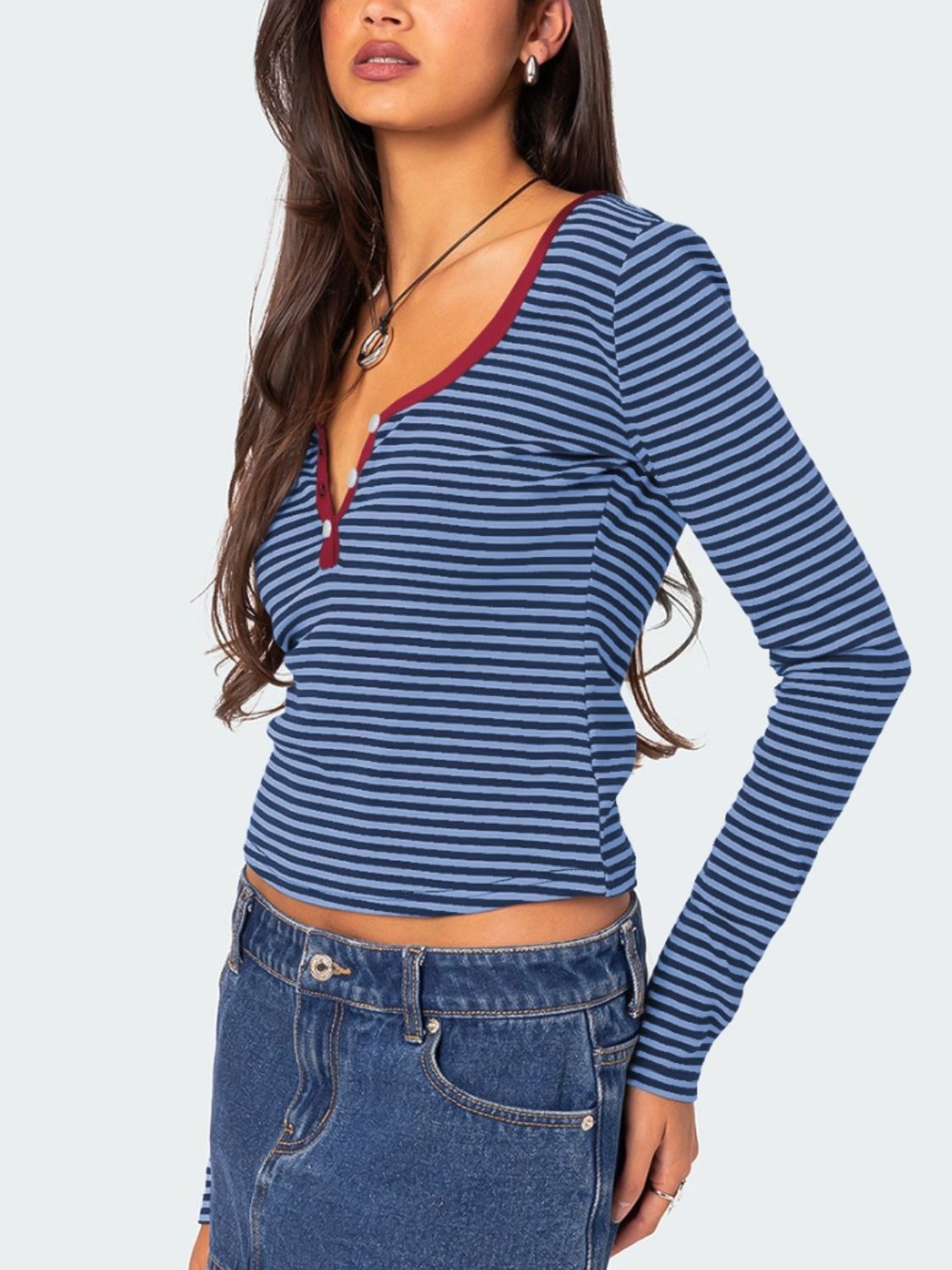 Buttoned Striped Long Sleeve T-Shirt