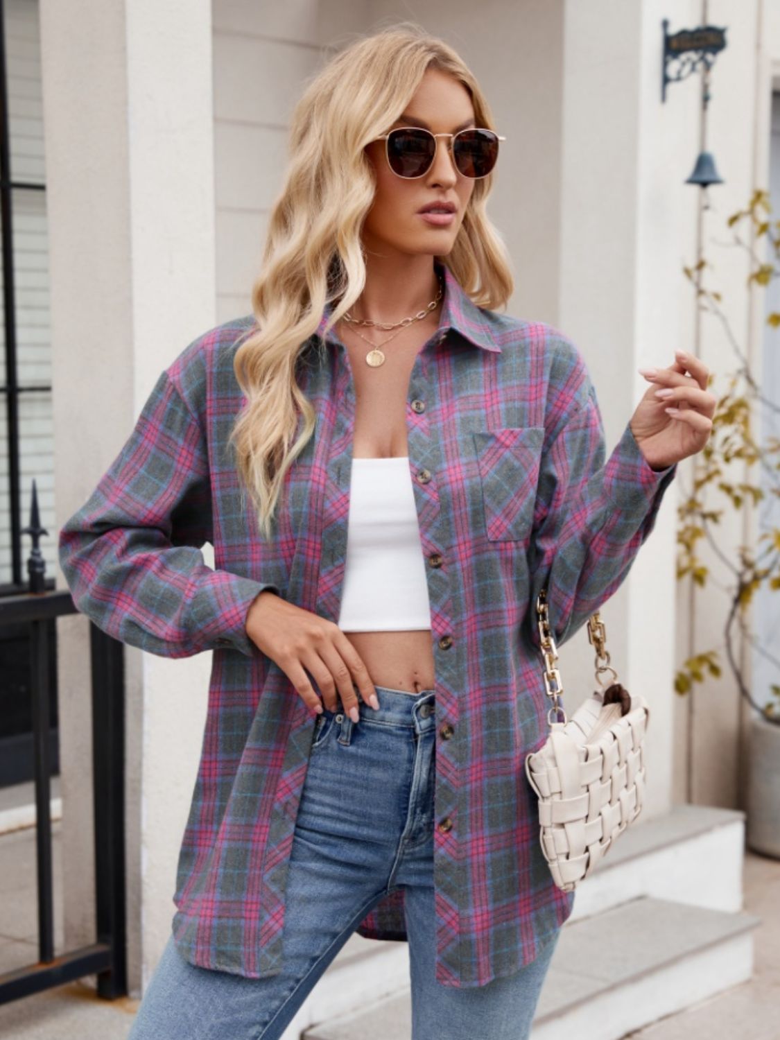 Pocketed Plaid Collared Neck Long Sleeve Shirt