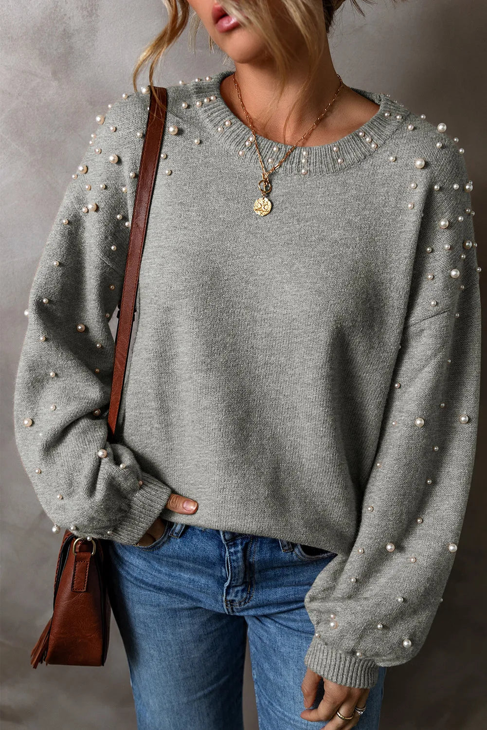 Pearl Detail Round Neck Long Sleeve Sweater