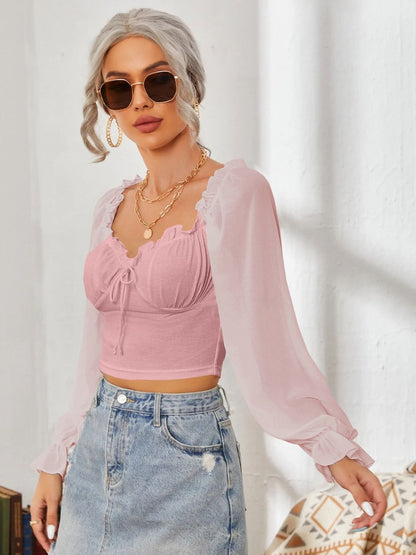 Mesh Sweetheart Neck Flounce Sleeve Top