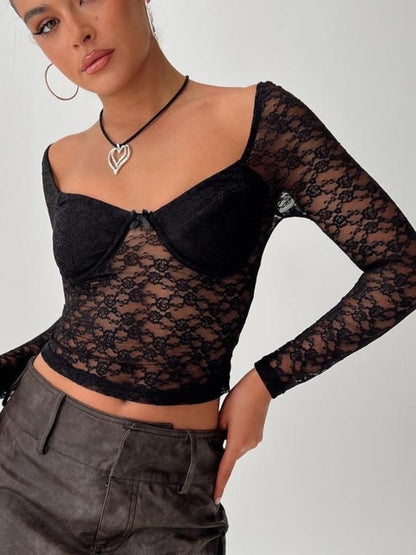 Lace Sweetheart Neck Long Sleeve T-Shirt