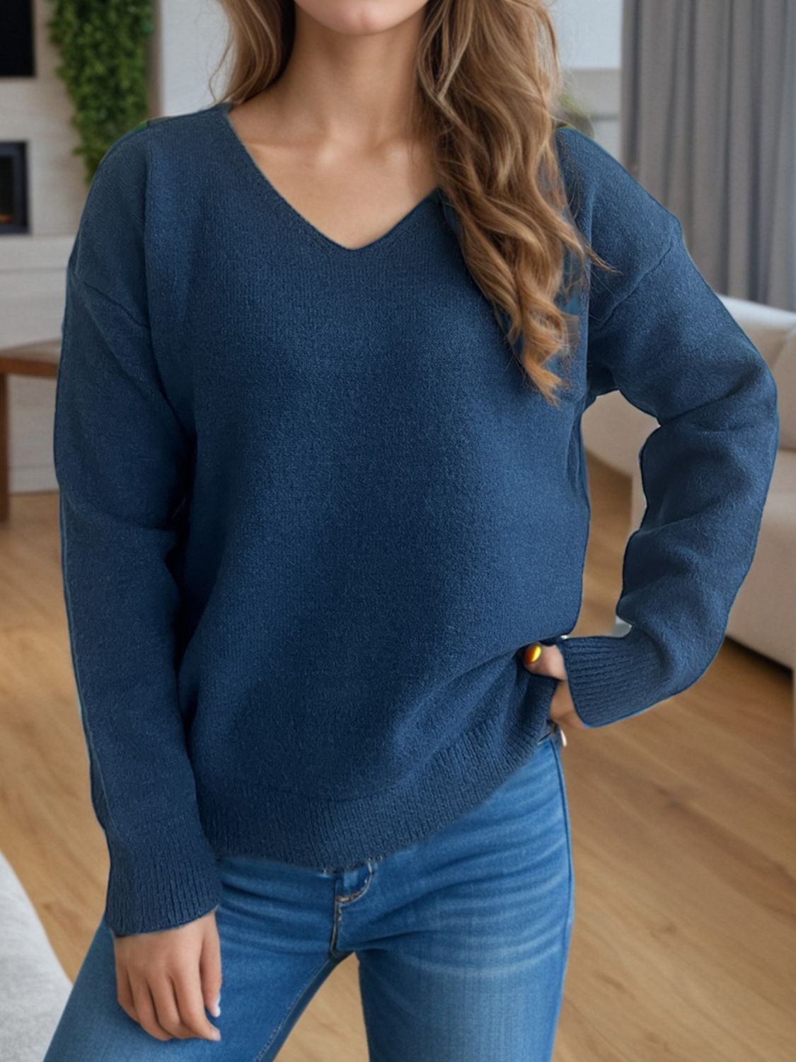 V-Neck Dropped Shoulder Long Sleeve Sweater