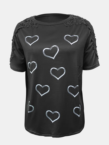 Full Size Lace Detail Heart Round Neck Short Sleeve Top