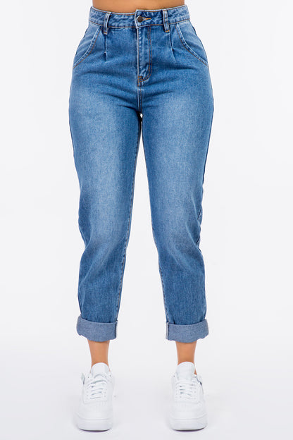 American Bazi High Waist Pleated Waist Mom Jeans