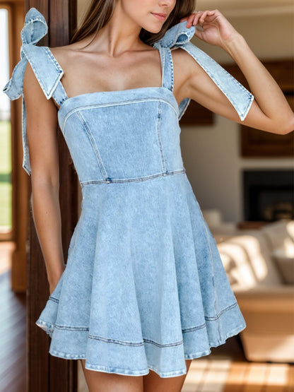 Square Neck Tie Shoulder Denim Dress