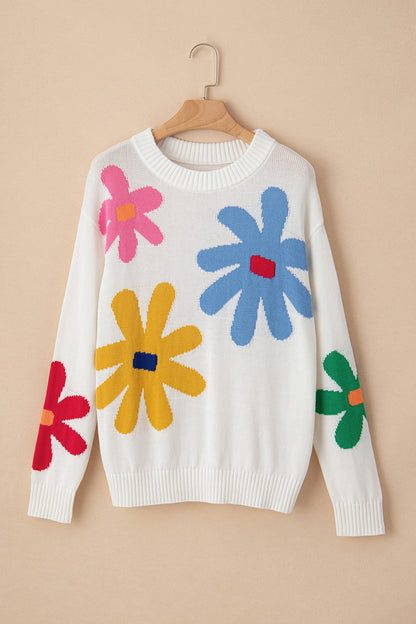 Flower Round Neck Dropped Shoulder Sweater