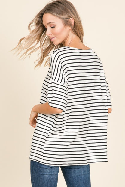 BOMBOM Striped Round Neck T-Shirt