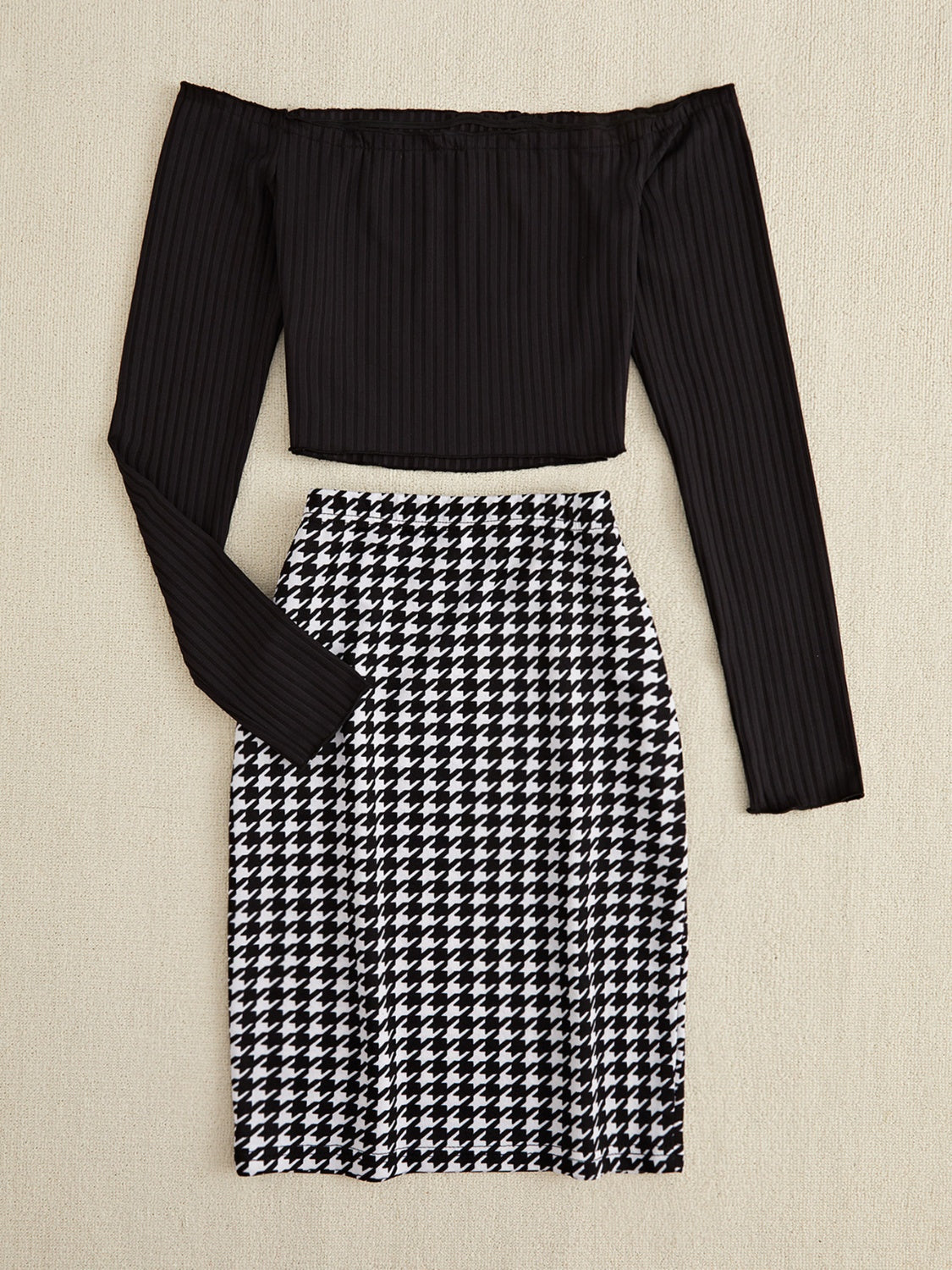 Off-Shoulder Long Sleeve Top and Houndstooth Skirt Set