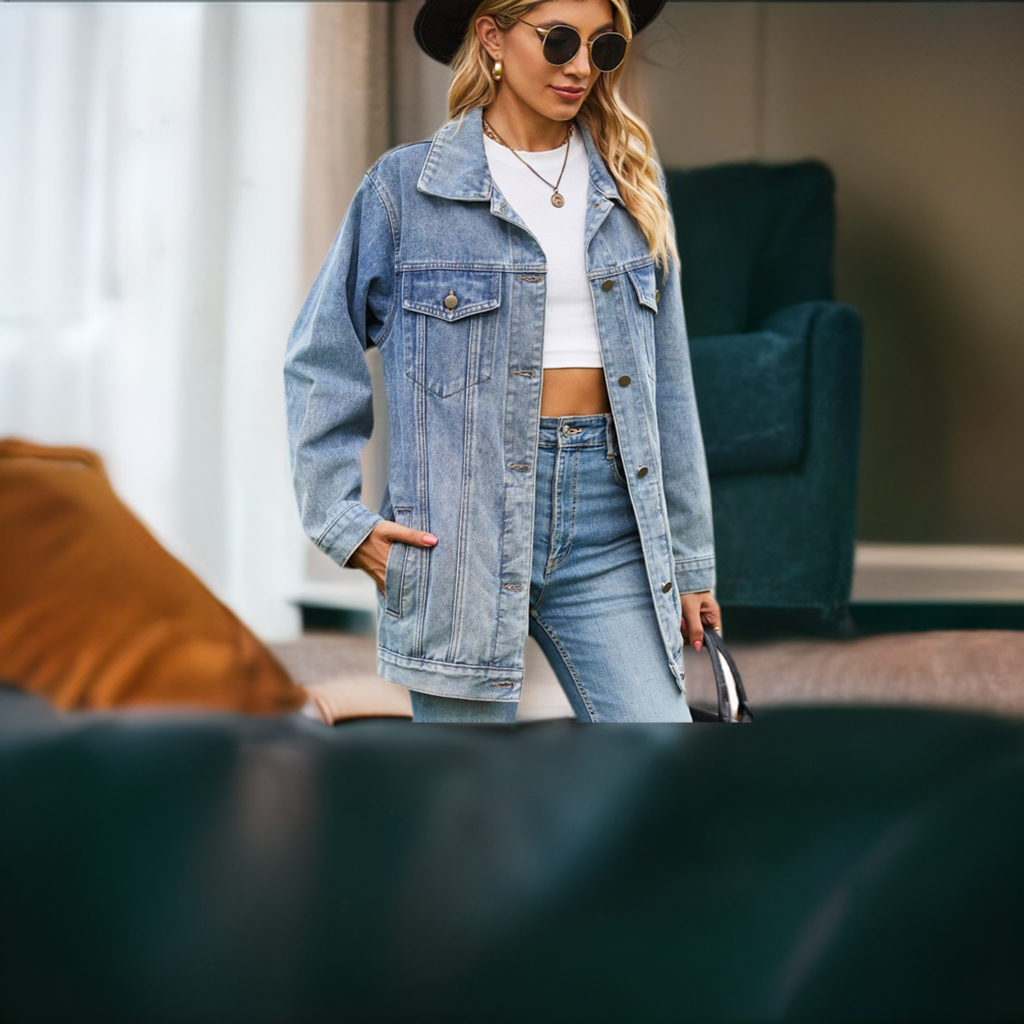 Buttoned Collared Neck Denim Jacket with Pockets