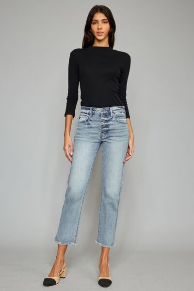 Kancan High Waist Button Fly Raw Hem Cropped Straight Jeans