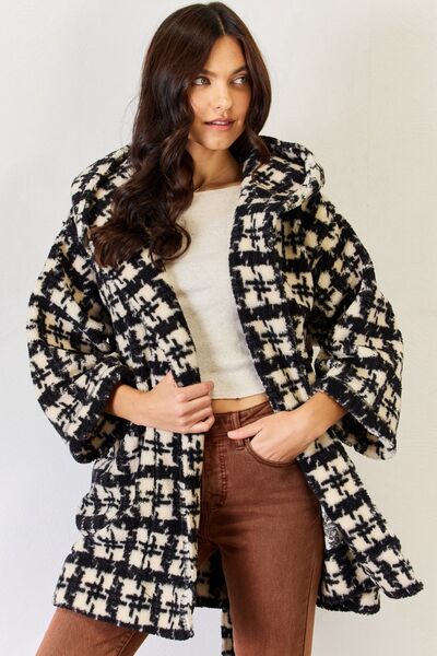 J.NNA Fuzzy Plaid Waist Tie Hooded Robe Cardigan