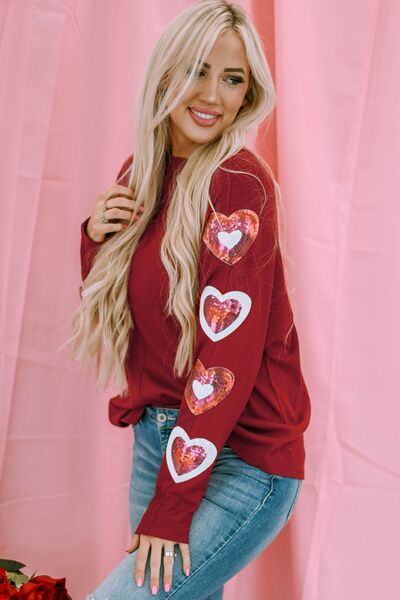 Heart Sequin Round Neck Long Sleeve T-Shirt