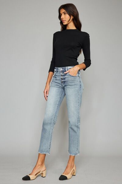 Kancan High Waist Button Fly Raw Hem Cropped Straight Jeans