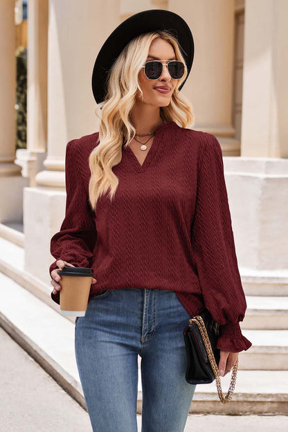 Mandy Notched Neck Flounce Sleeve Blouse