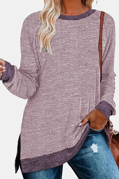 Round Neck Long Sleeve Slit T-Shirt