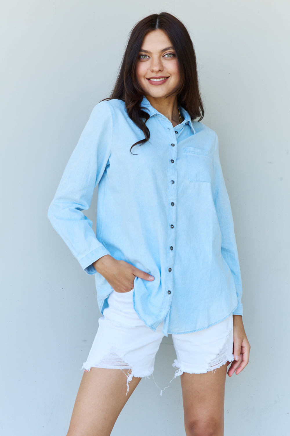 Doublju Blue Jean Baby Denim Button Down Shirt Top in Light Blue