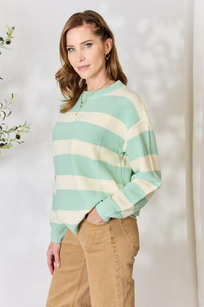 Sew In Love Full Size Contrast Striped Round Neck Sweater