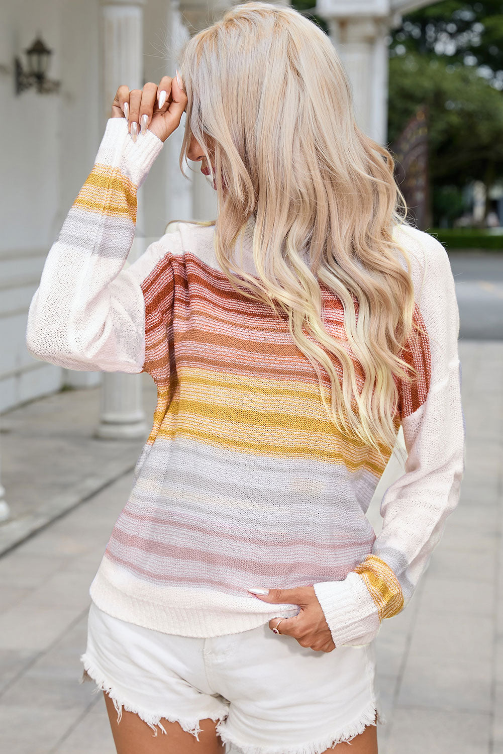 Round Neck Printed Dropped Shoulder Knit Top