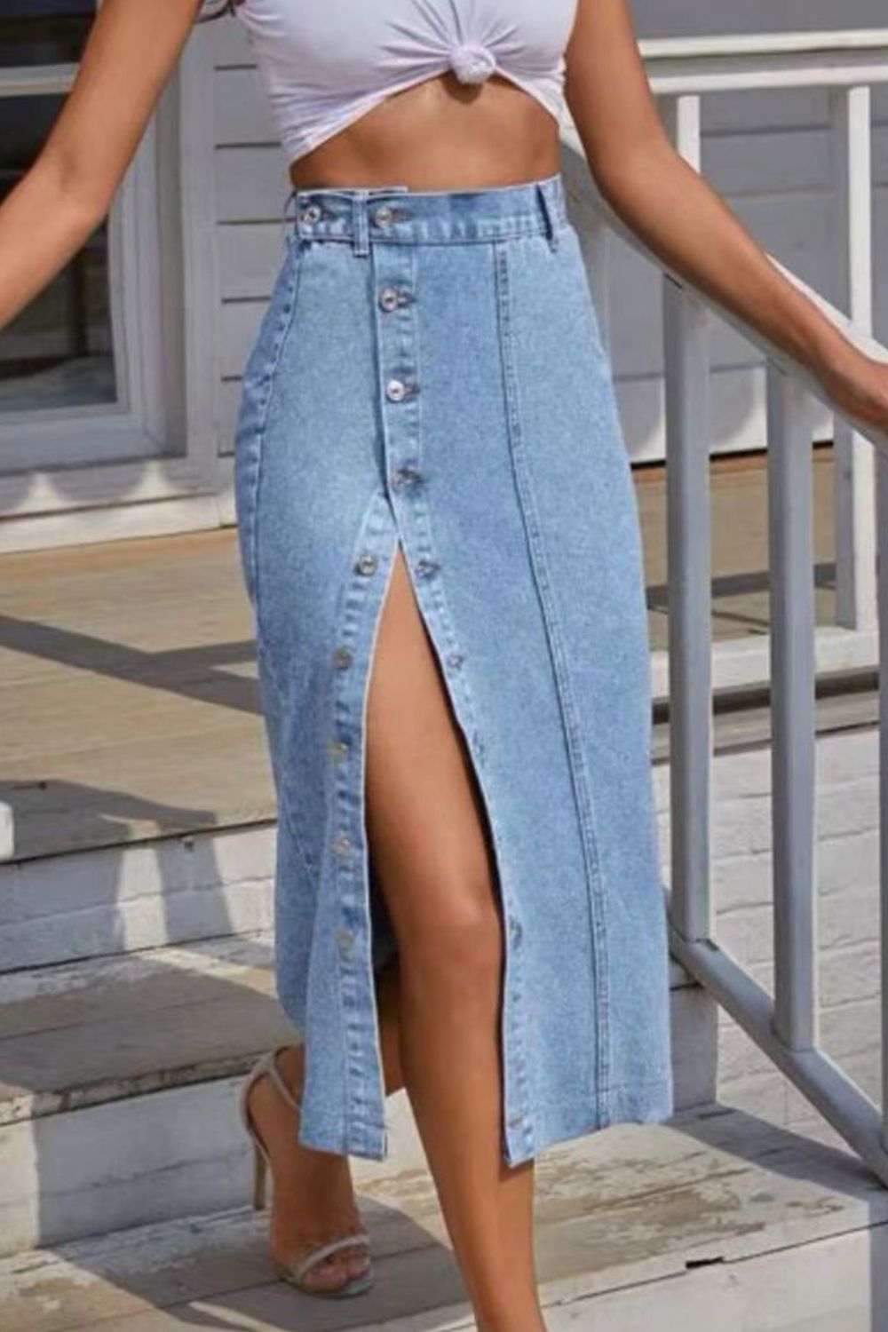 Button Fly Split Denim Skirt