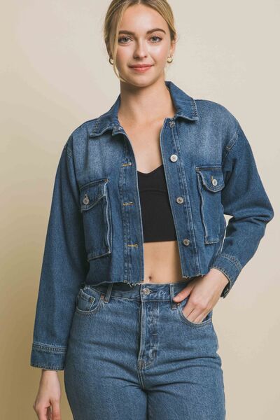 LOVE TREE Raw Hem Button Up Cropped Denim Jacket