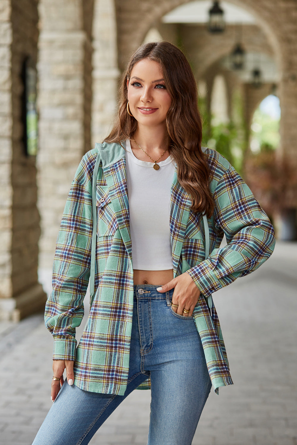 Plaid Long Sleeve Hooded Jacket