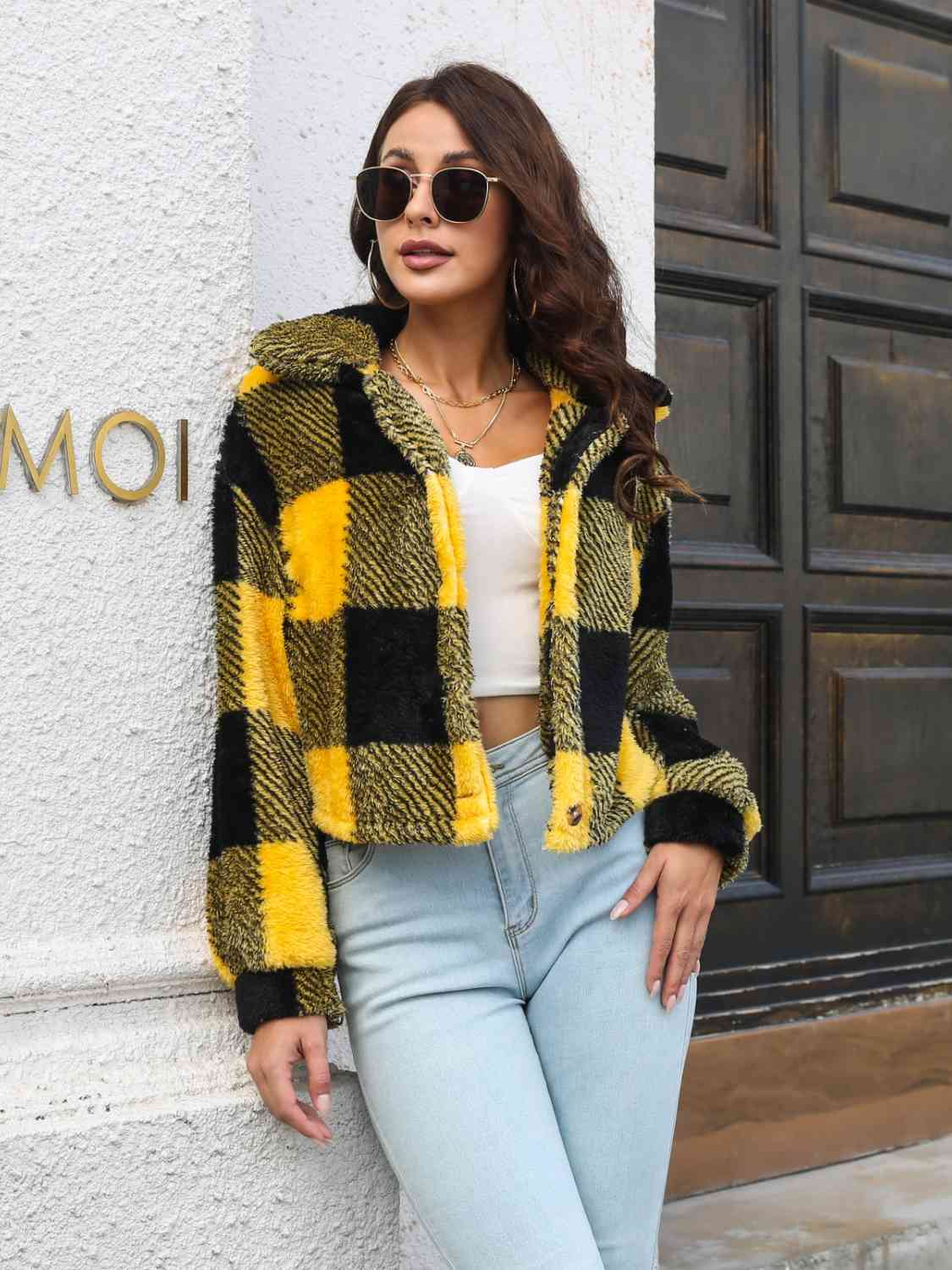 Plaid Dropped Shoulder Buttoned Jacket